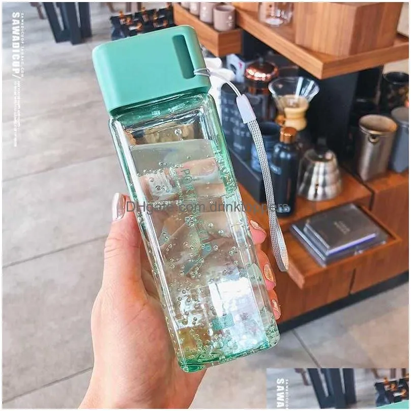 300ml small square plastic water cup with lid portable female student summer hand cup leakproof simple transparent bottles