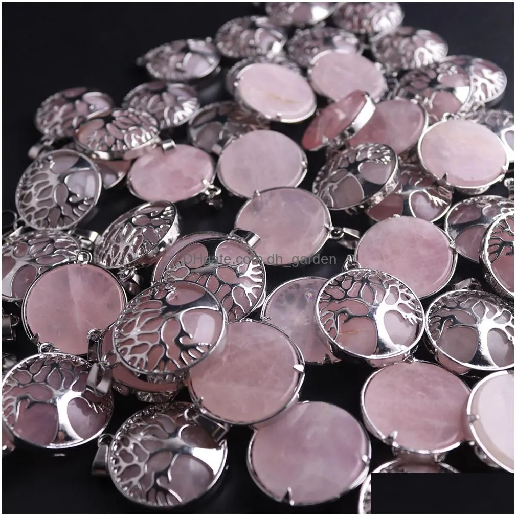 natural stone rose quartz pendant tree of life energy pendant necklace pendulum for women bulk item wholesales