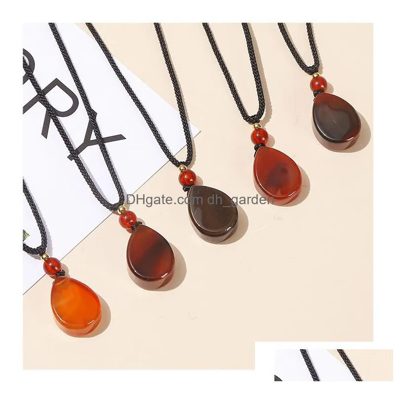 red agate natural stone pendant flat water drop charms necklace for women men rope chain jewelry gift