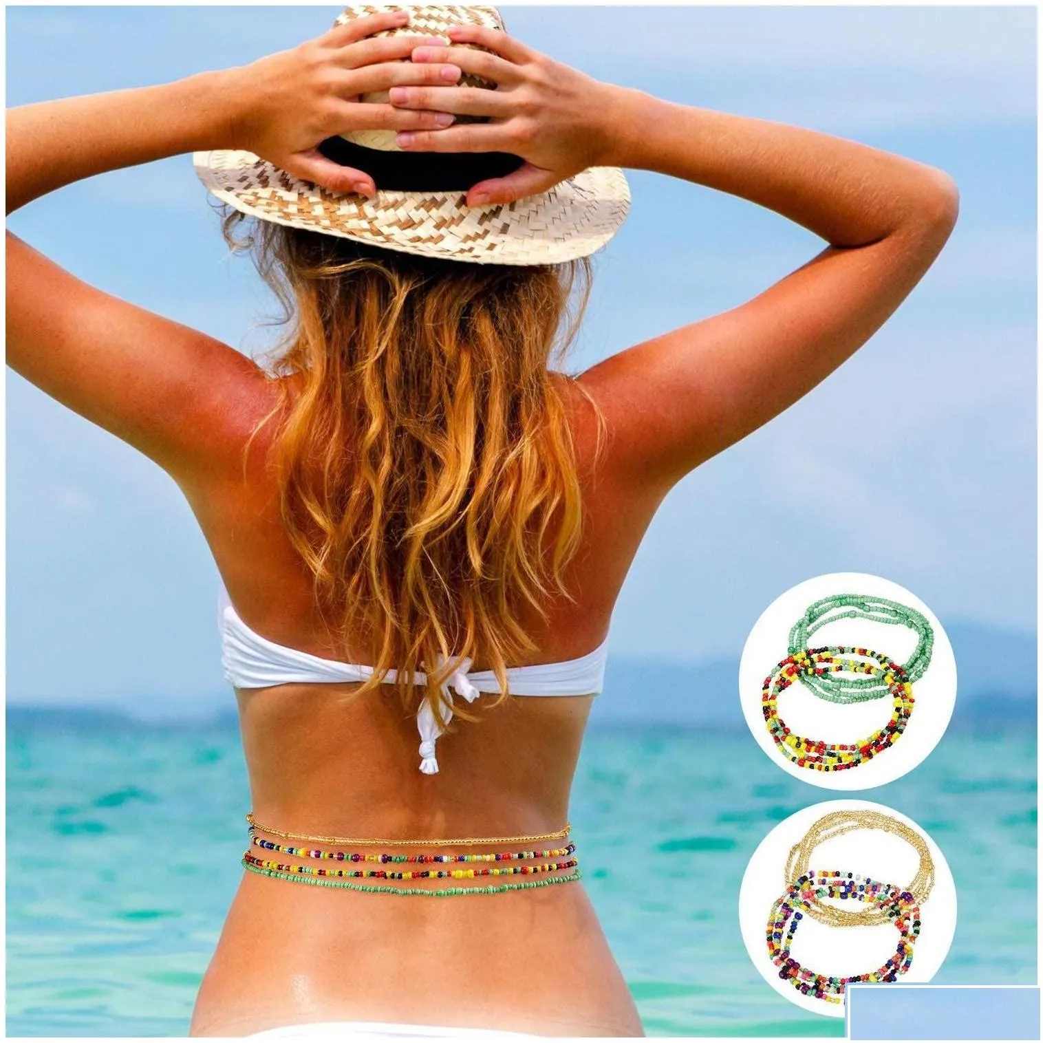 Belly Chains Boho Style Beads Waist Chain Elastic Colorf Beaded Bikini Belly Chains Summer  Jewelry For Women Girls Wholes