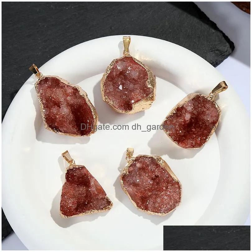 gold covered edge natural druzy pendant irregular crystal raw stone charms for necklace earrings jewelry making accessory