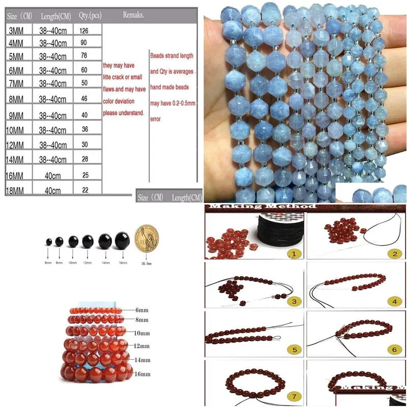 Other Natural Stone Faceted Spacer Beads Aquamarine For Jewelry Making DIY Bracelet Necklace Handmade Accessories 6/8/10MM 15``Other