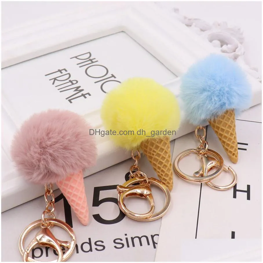 5cm faux fur ice cream pendant keychain cute cartoon keychain plush furry bags hang cone car key chain keyring creative gift