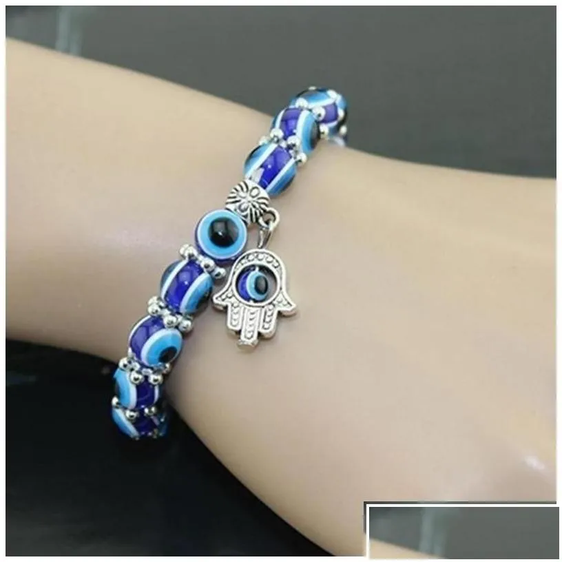 Charm Bracelets Wholesale Lucky Fatima Hamsa Hand Blue Evil Eye Charms Bangles Beads Turkish Pseras For Women New Jewelry 664 Q2 Dro