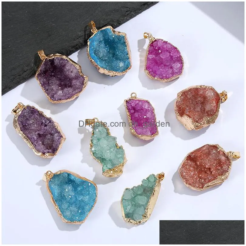 gold covered edge natural druzy pendant irregular crystal raw stone charms for necklace earrings jewelry making accessory