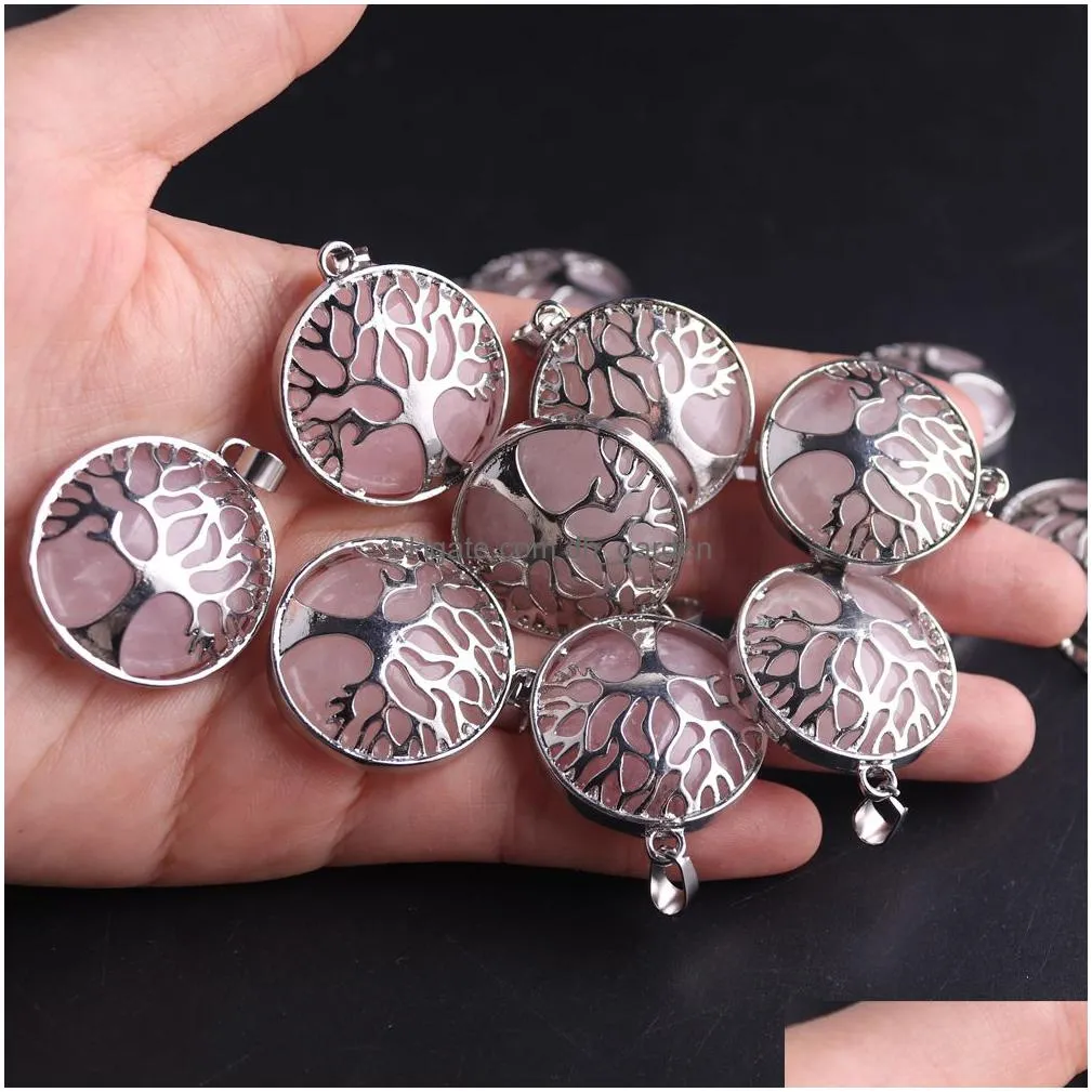 natural stone rose quartz pendant tree of life energy pendant necklace pendulum for women bulk item wholesales