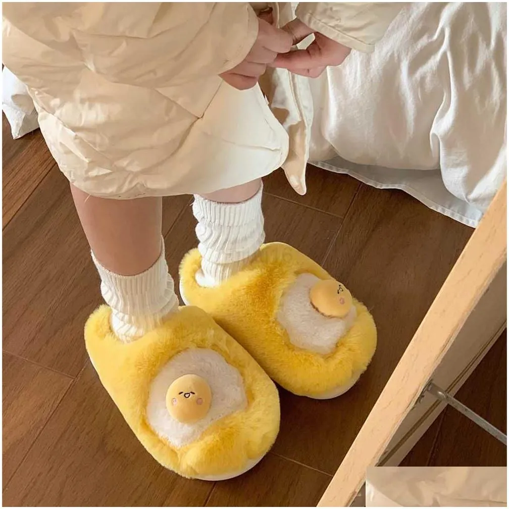 slippers cute creative poached egg plush home slipper womens winter indoor home soft thick soled warm cotton slippers