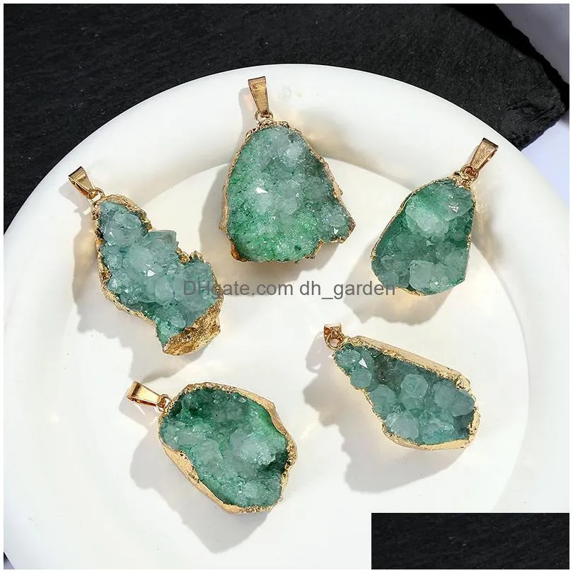 gold covered edge natural druzy pendant irregular crystal raw stone charms for necklace earrings jewelry making accessory