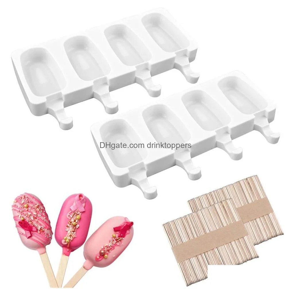 ice popsicle silicone mold 2 piece set ice cream tools ice popsicle mold mini 4 cavity oval homemade cake popsicle maker with 50 wooden