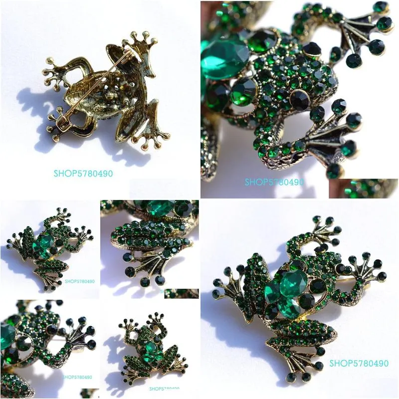 vintage rhinestone frog brooch green color women crystal breast pin lady corsage coats party ornaments classic jewelry luxury1
