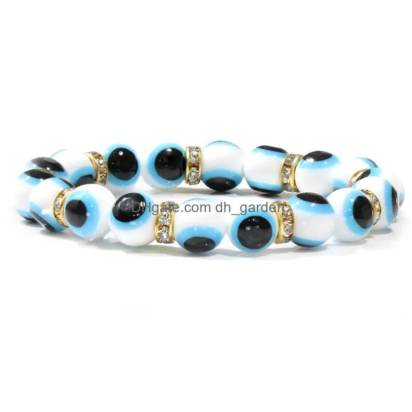 colorful turkish blue evil eye 10mm red blue fish eye gold rhinestone beads elasticity bracelet for men women jewelry