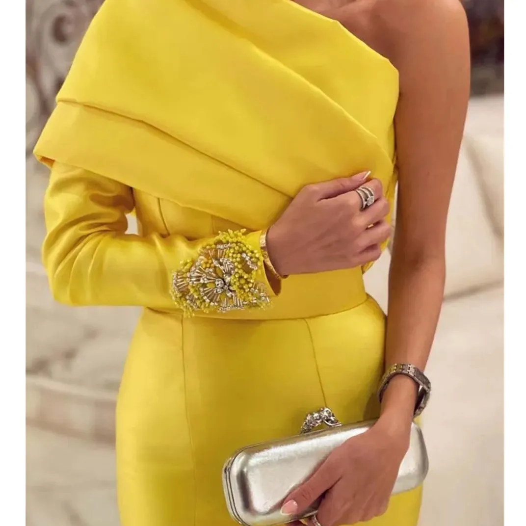 One Shoulder Saudi Arabia Evening Dresses Beads Full Sleeve Satin Mermaid Dubai Yellow Formal Prom Gowns Floor Length