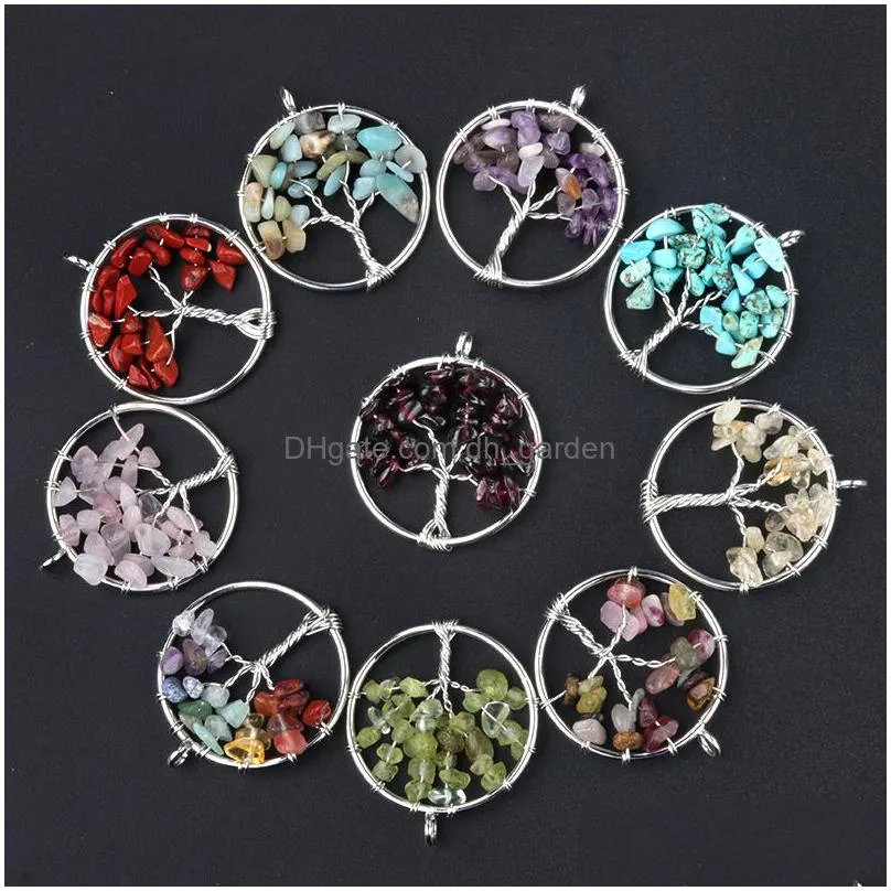 30mm tree of life pendant handmade wire wrapped chip rose quartz agae natural stone beads for jewelry marking free shipping