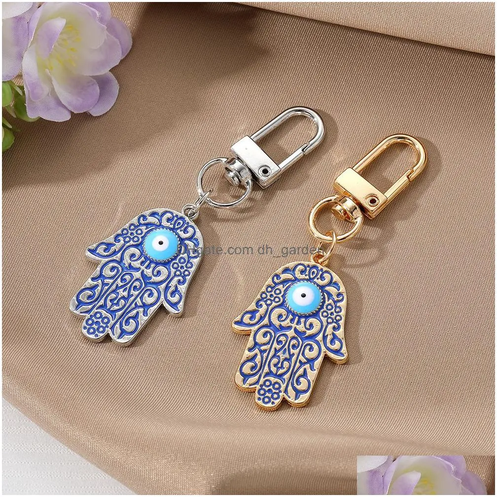 gold silver hamsa hand evil eye keychain key ring for women men fatima hand blue eye bag car key accessories pendant