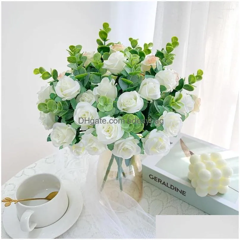 decorative flowers artificial rose and eucalyptus flower bouquets fake outdoor with boxwood leaves greenery decor for wedding home