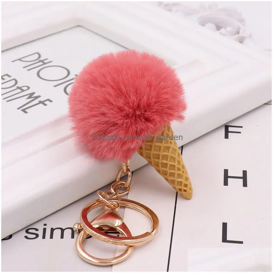 5cm faux fur ice cream pendant keychain cute cartoon keychain plush furry bags hang cone car key chain keyring creative gift