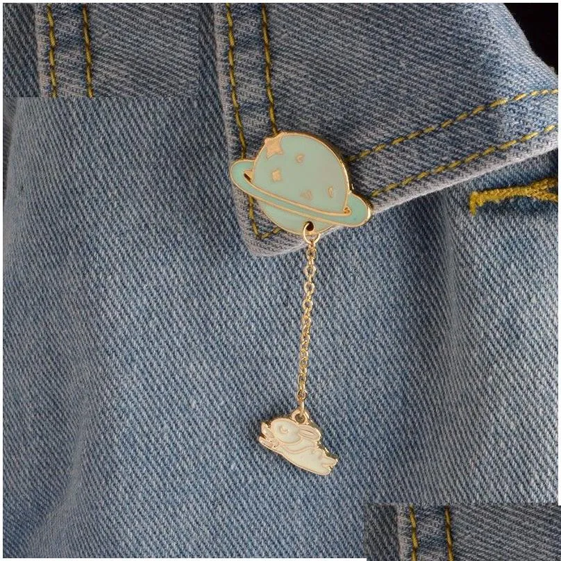 2 style galaxy saturn planet astronaut rabbit chain brooch pins shirt collar pin lovers gift unisex jewelry