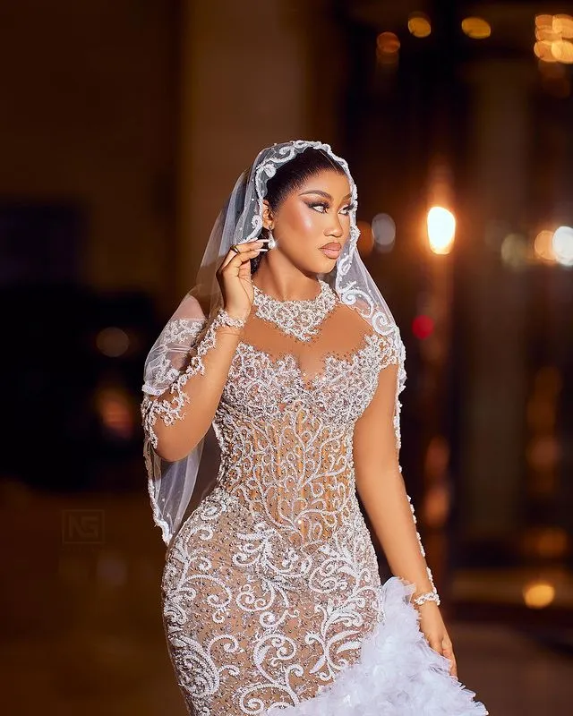 2023 Oct Arabic Aso Ebi Plus Size Ivory Mermaid Wedding Dress For Bride Beaded Lace Tiers Tulle Bridal Gowns Dresses ZJ044