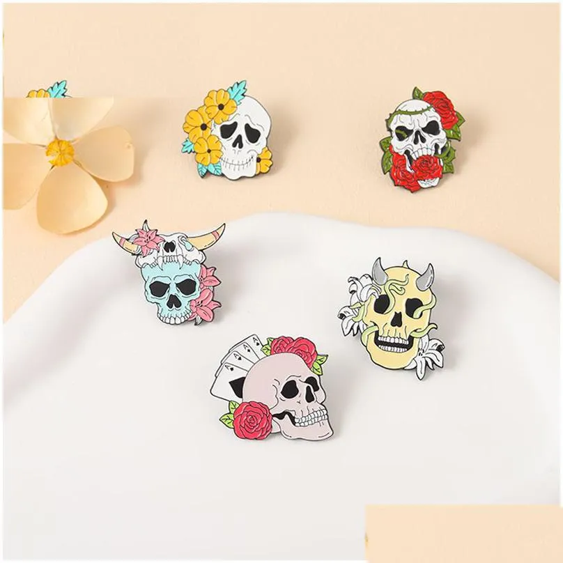 flower skeleton brooches enamel pins skull badges punk plant lapel clothes gothic women men kids jewelry gift custom wholesale