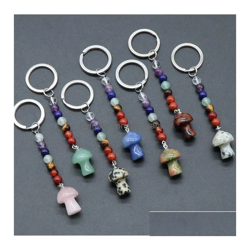 mushroom statue key rings 7 chakra beads chains stone carved charms keychains healing crystal keyrings for women men christmas gift