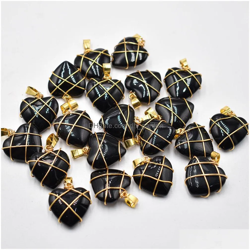 bulk gold wire wrap heart agate crystal stone charms pendant for jewelry making