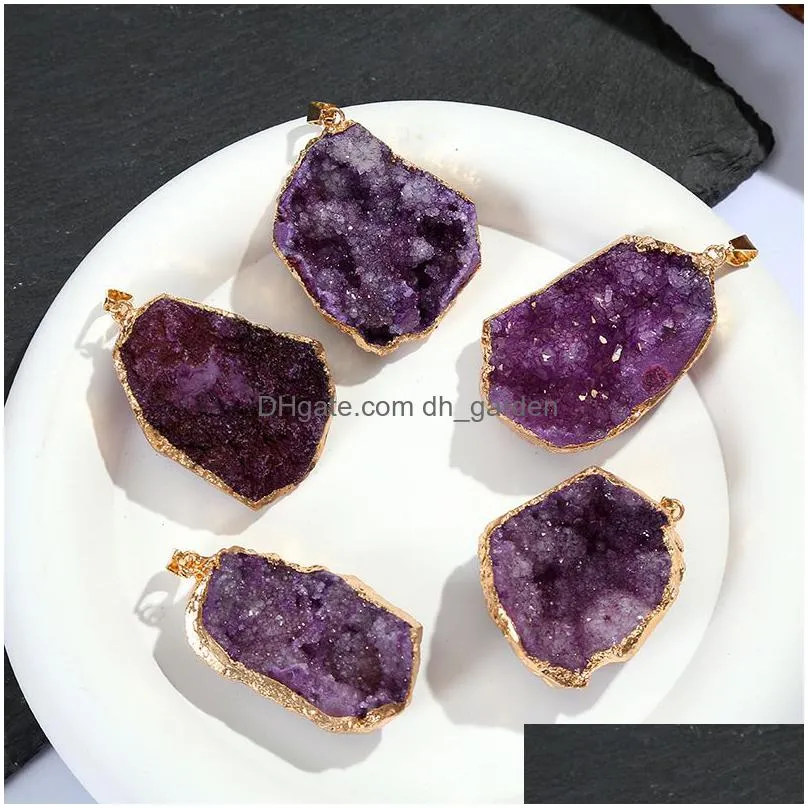 gold covered edge natural druzy pendant irregular crystal raw stone charms for necklace earrings jewelry making accessory