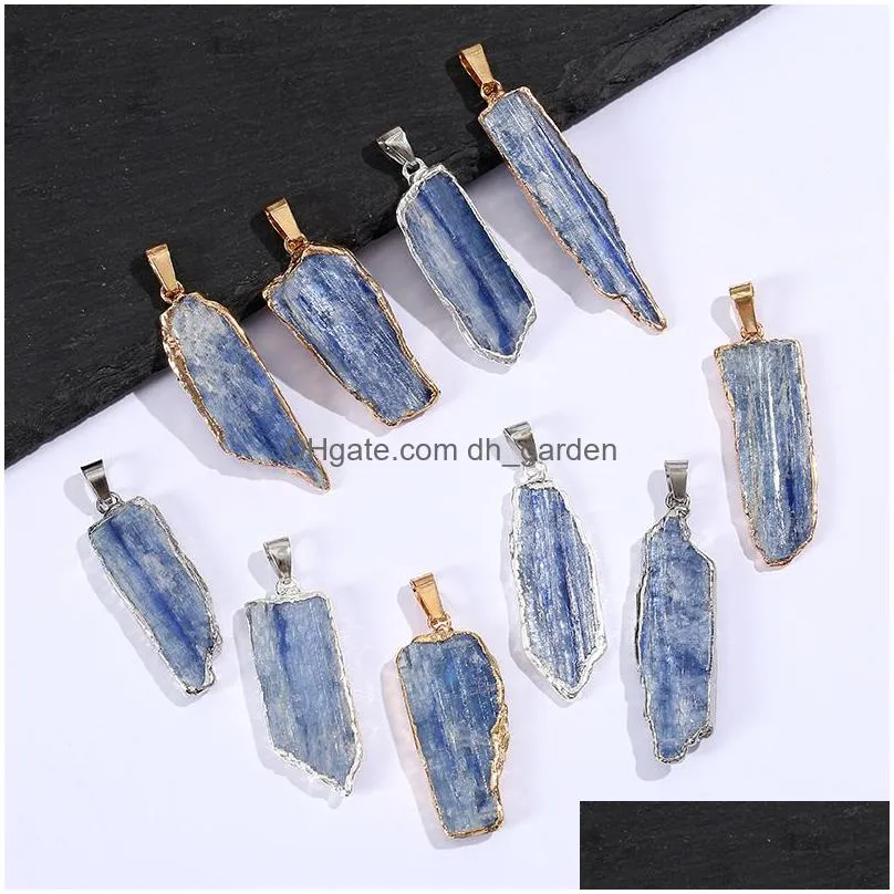 gold plated blue crystal pillar pendant irregular raw stone tag charms for necklace earrings jewelry making accessory