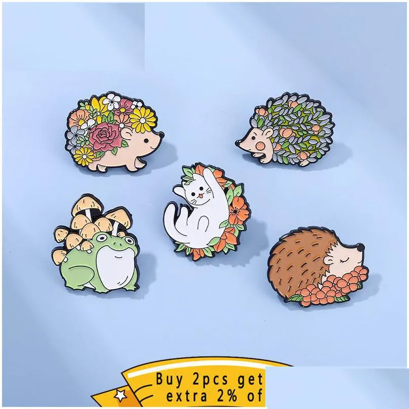 flower animal enamel pin floral hedgehog frog brooch cat badge plant mushroom metal lapel bag jewelry friends wholesale