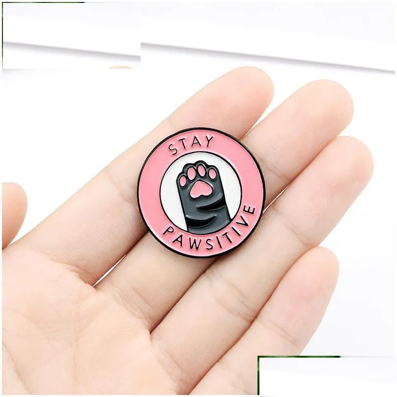 jewelry cat pink paw enamel lapel pins stay pawsitive unique design gifts to friends brooches badges wholesale