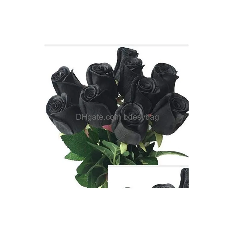 decorative flowers 10pcs real touch black rose simulated fake latex roses 43cm for wedding party artificial (black)