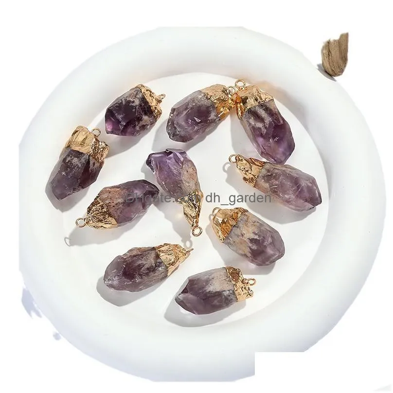 gold plated rough amethyst pendant irregular crystal raw stone pillar charms for necklace earrings jewelry making accessory
