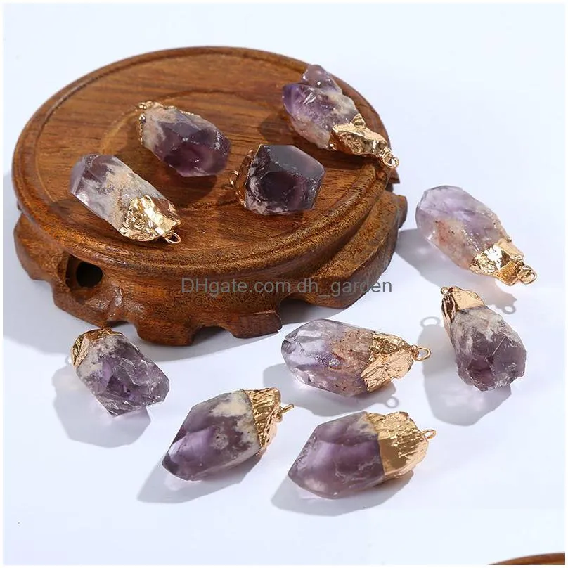 gold plated rough amethyst pendant irregular crystal raw stone pillar charms for necklace earrings jewelry making accessory