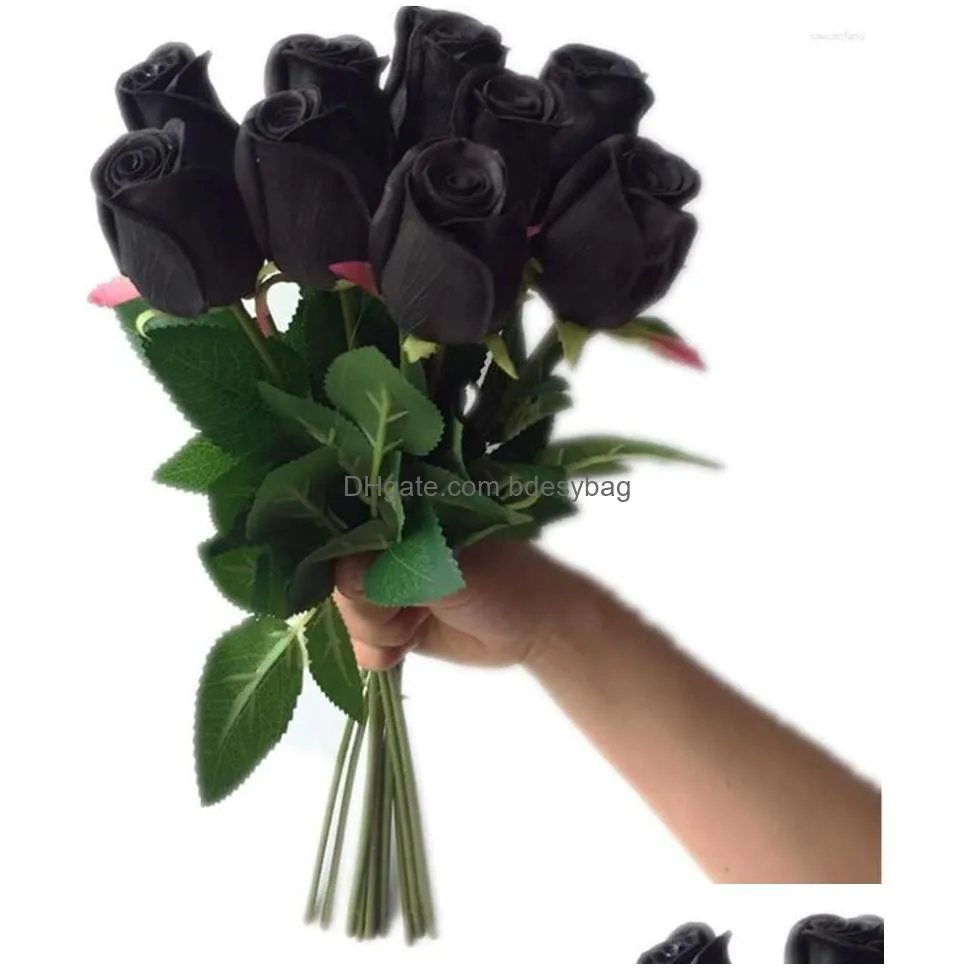 decorative flowers 10pcs real touch black rose simulated fake latex roses 43cm for wedding party artificial (black)