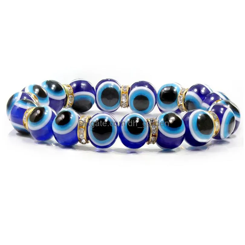 colorful turkish blue evil eye 10mm red blue fish eye gold rhinestone beads elasticity bracelet for men women jewelry