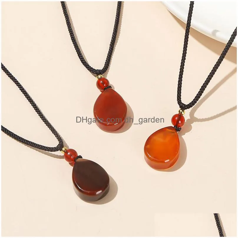 red agate natural stone pendant flat water drop charms necklace for women men rope chain jewelry gift
