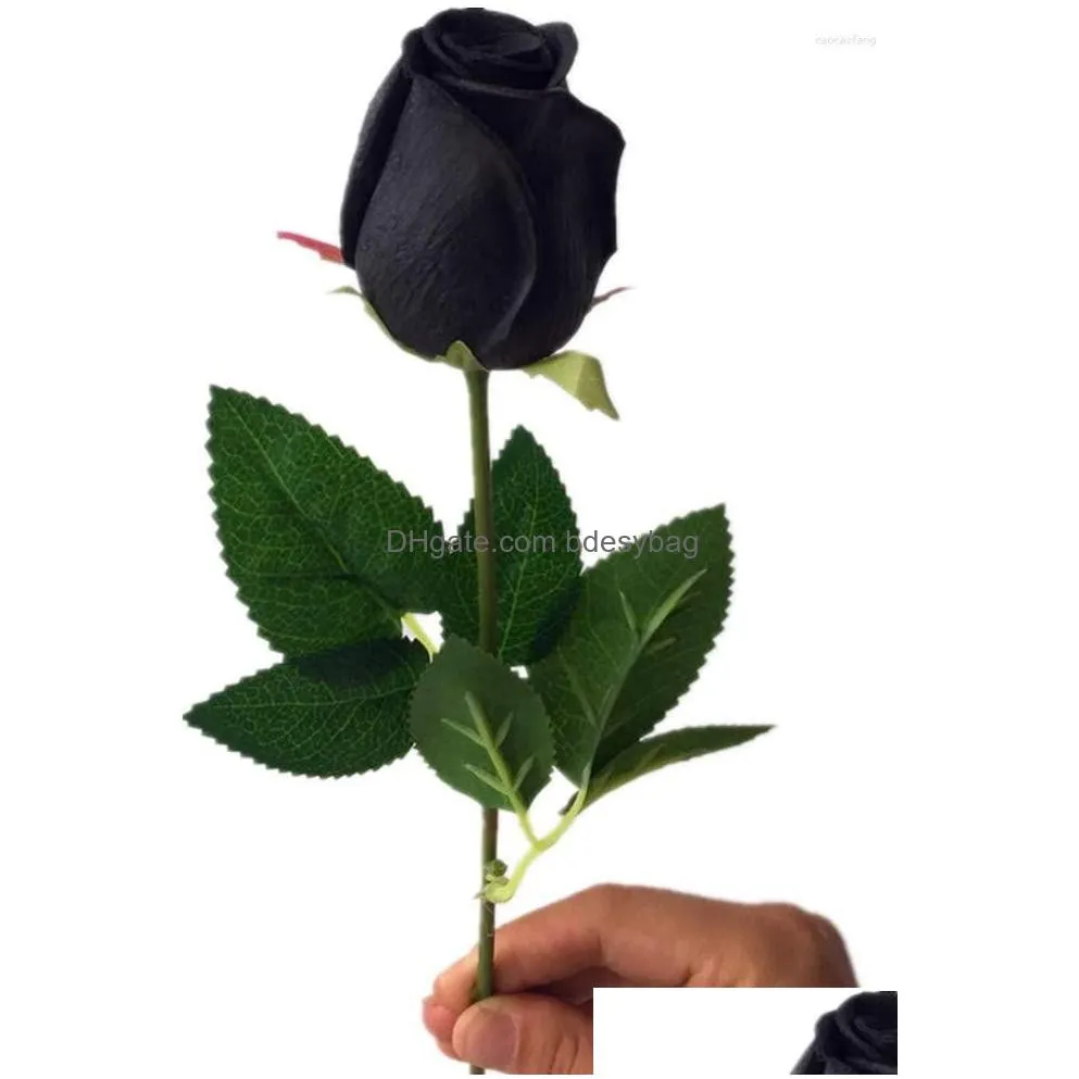 decorative flowers 10pcs real touch black rose simulated fake latex roses 43cm for wedding party artificial (black)