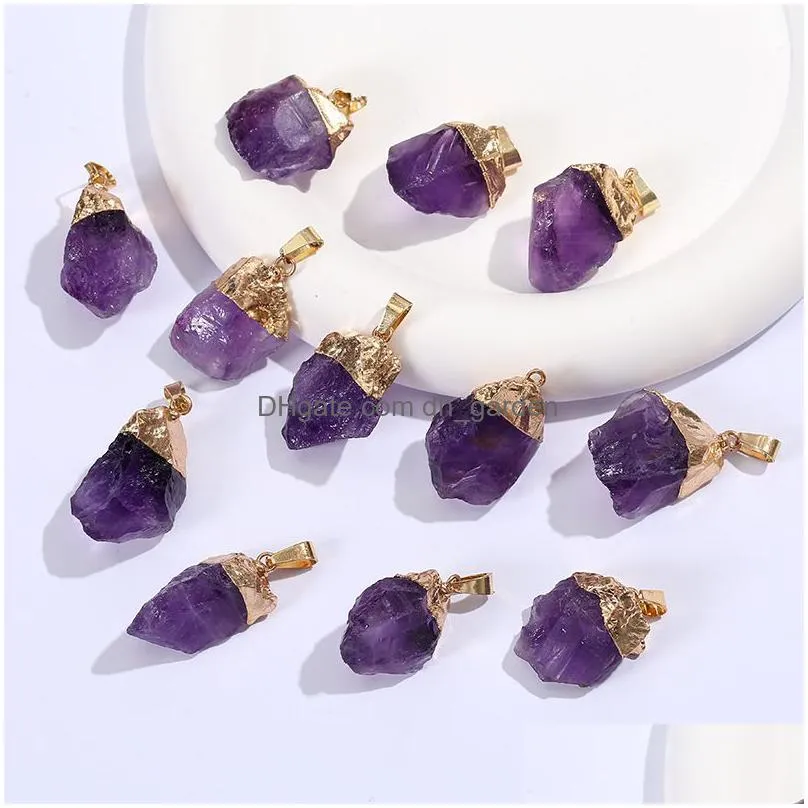 gold plated natural druzy amethyst pendant irregular crystal raw stone charms for necklace earrings jewelry making accessory