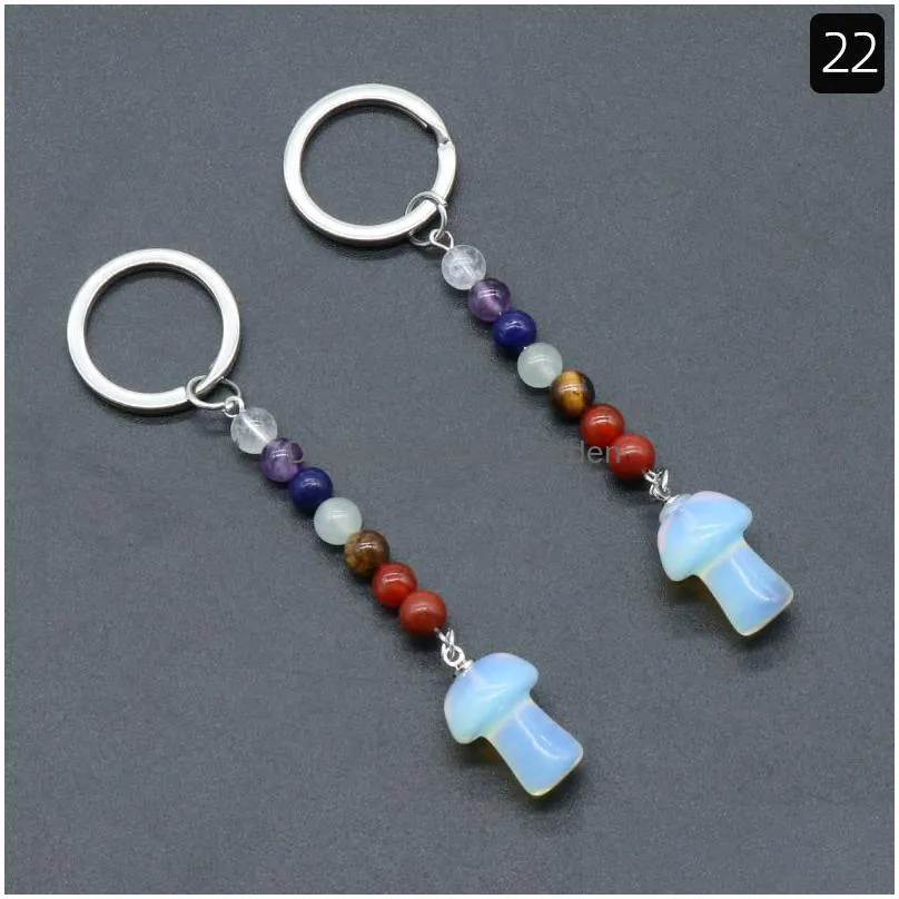 mushroom statue key rings 7 chakra beads chains stone carved charms keychains healing crystal keyrings for women men christmas gift