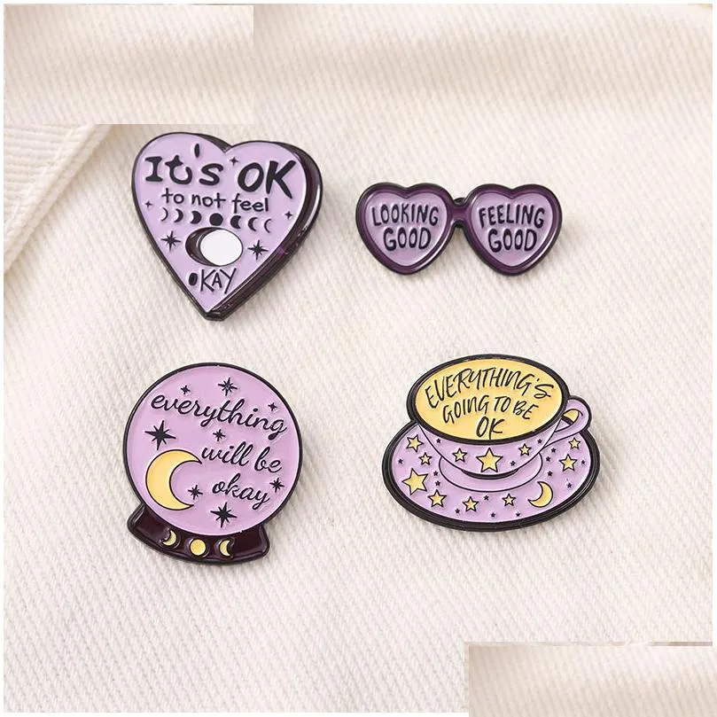 everything will be ok enamel pins purple series custom sunglass coffee crystal magic ball brooch lapel badge bag jewelry gift kids