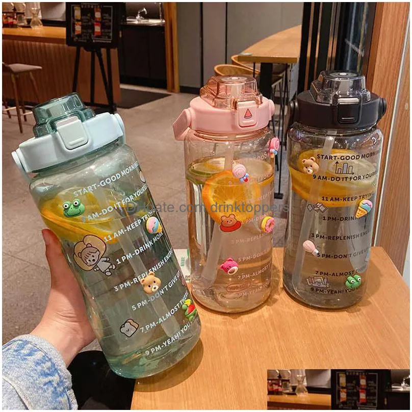 2l water bottle straw cup time scale couple water cup large capacity student fitness cup outdoor sports portable travel bottle