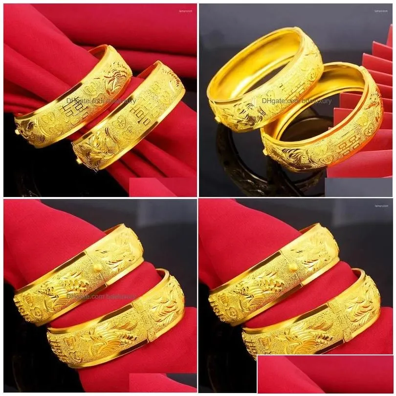 Bangle Bangle 18K Gold Plated Ladies Bracelet Wide Retro Style Dragon And Phoenix For Girlfriend Birthday Wedding Jewelry Gift Drop
