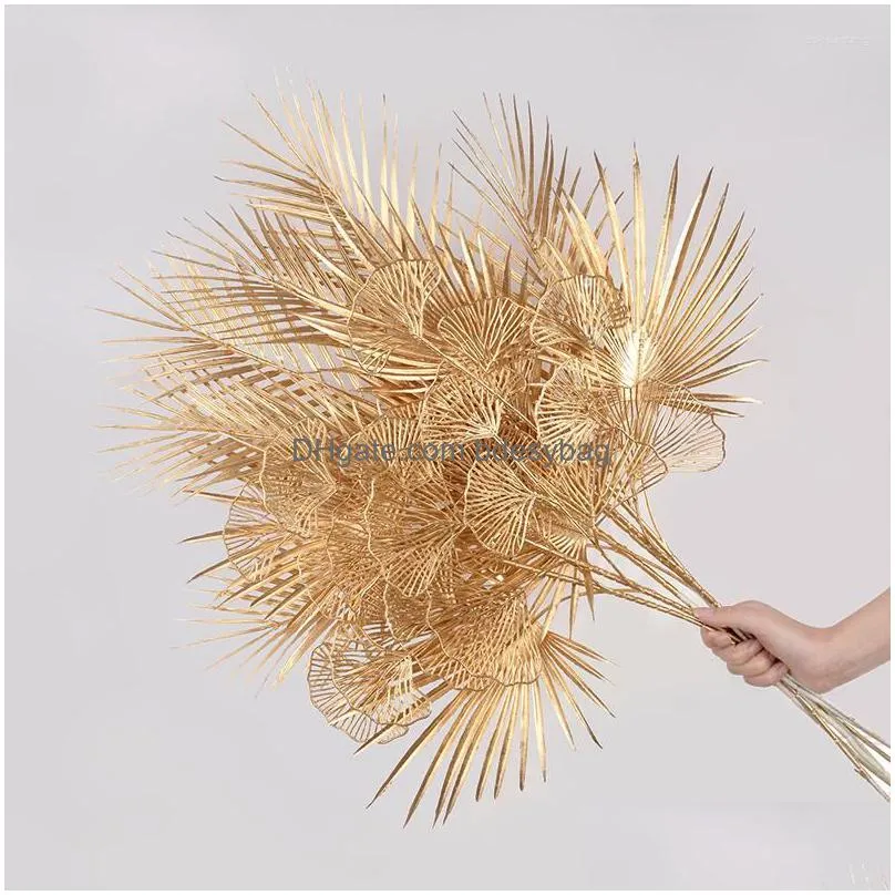 decorative flowers artificial gold plant golden plam tree leaves fake wedding arrangement po props christmas birthday party home decor