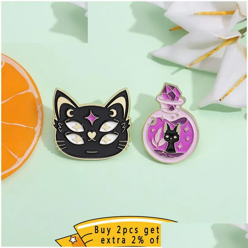 black cat enamel pin witch hat punk goth crystal medicine friends wholesale bottle book jewelry accessories lapel gift halloween