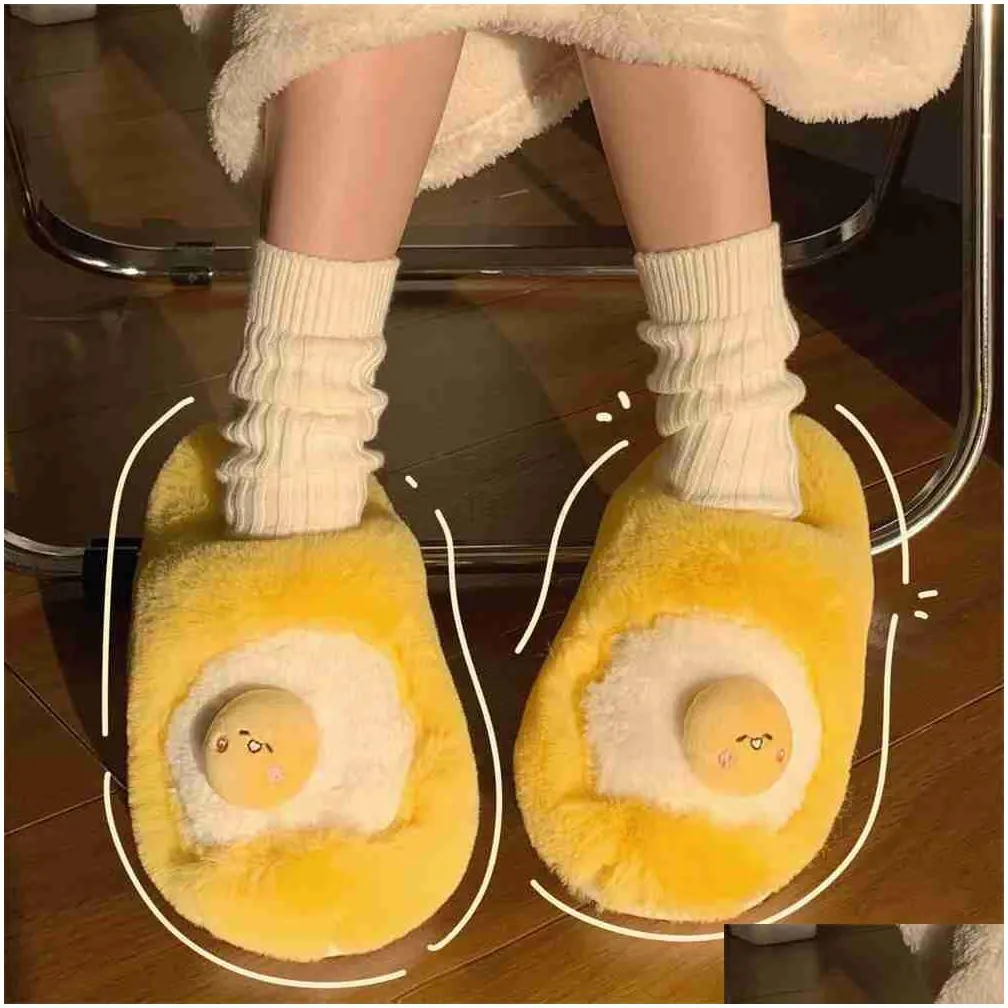 slippers cute creative poached egg plush home slipper womens winter indoor home soft thick soled warm cotton slippers