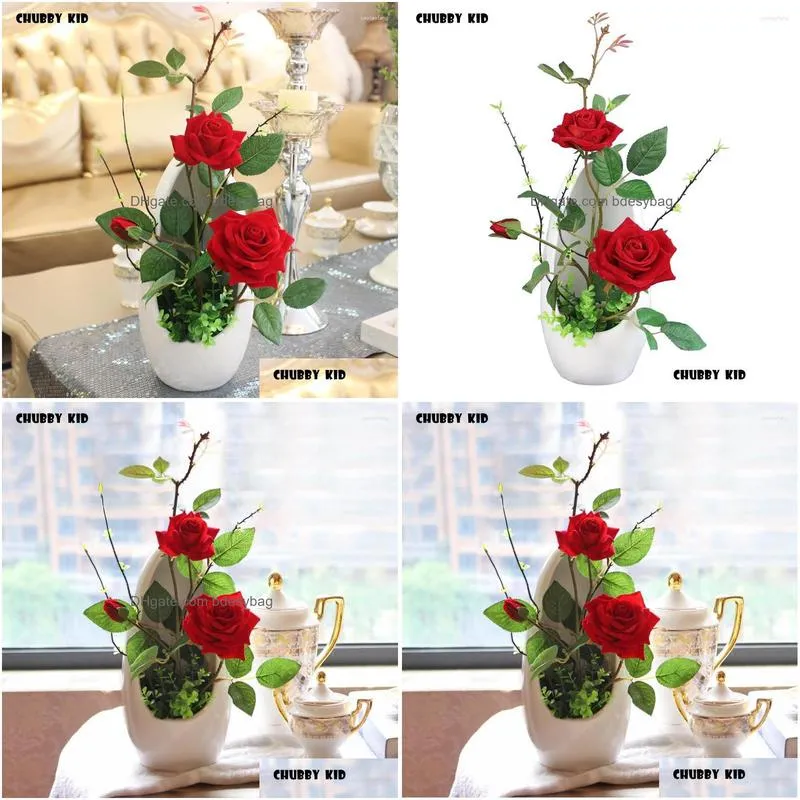 decorative flowers nice ! hi-q red rose bonsai artificial flower arrangements set flores artificiais arranjos ikebana in ceramic pots