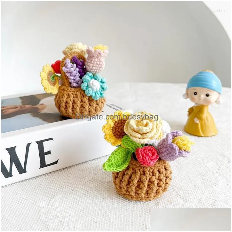 decorative flowers mini handmade flower basket office home decoration accessories bouquet potted artificial knitted mother`s day gfits