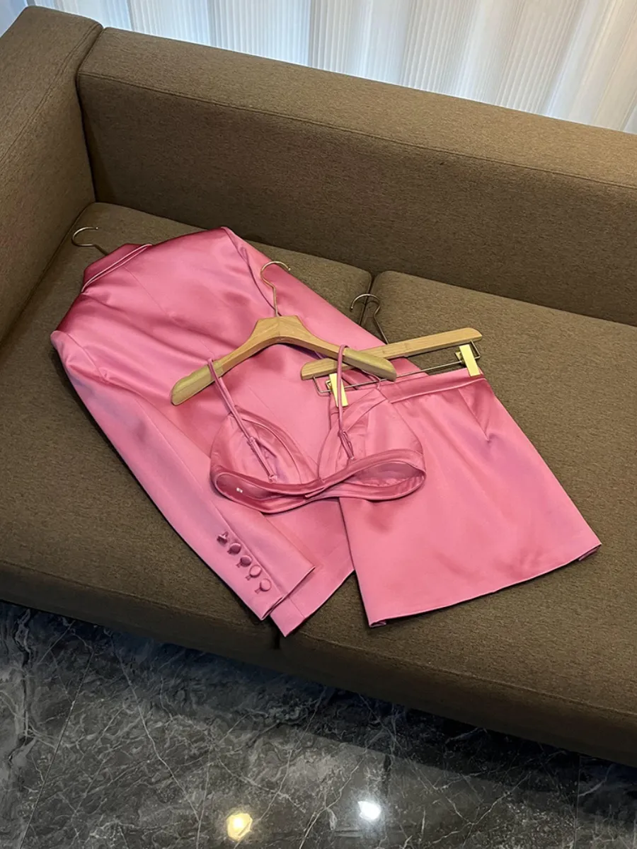 2023 Autumn Pink Solid Color Two Piece Dress Sets Long Sleeve Notched-Lapel Double-Breasted Blazers Top With Camisole and Short Skirt Suits Set O3O061201