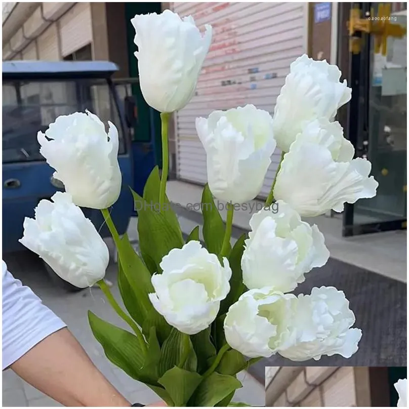 decorative flowers large artificial silk white tulips long branch home wedding decor party floral arrange pography props high quality
