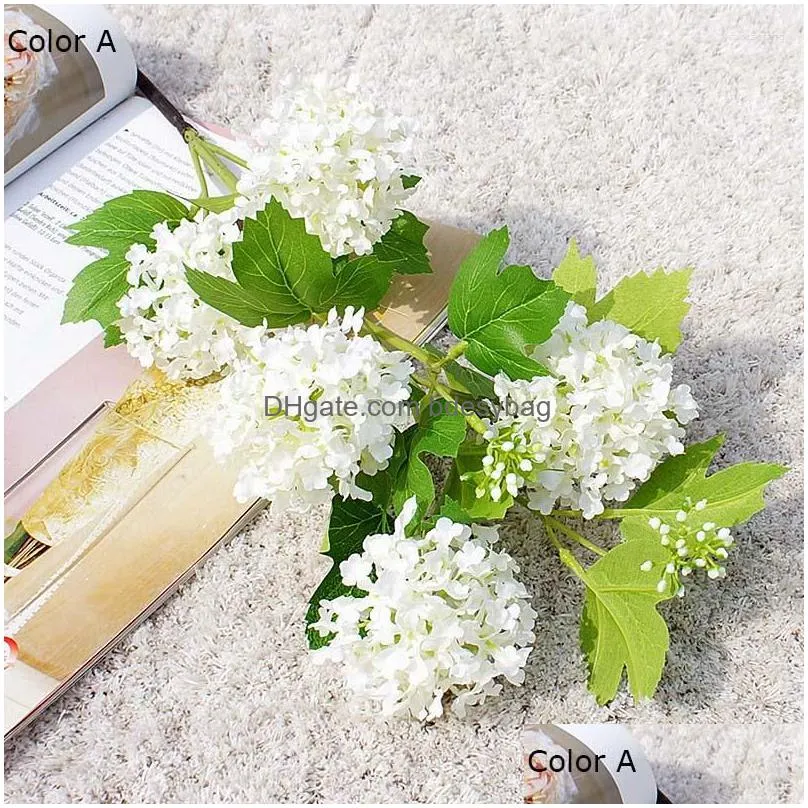 decorative flowers luxury 5 heads snowball hydrangea  branch white room decor artificial silk with green leaf for home decoration