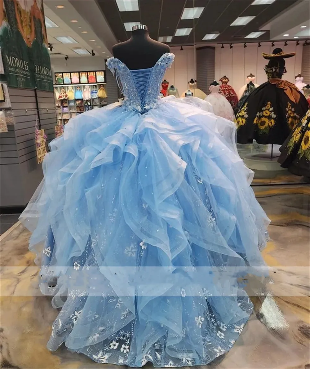 Baby Blue Ruffels 15 Dress Quinceanera 2024 Off The Shoulder Shinning Flowers Ball Gown Quince Dresses Princess Formal Occasion